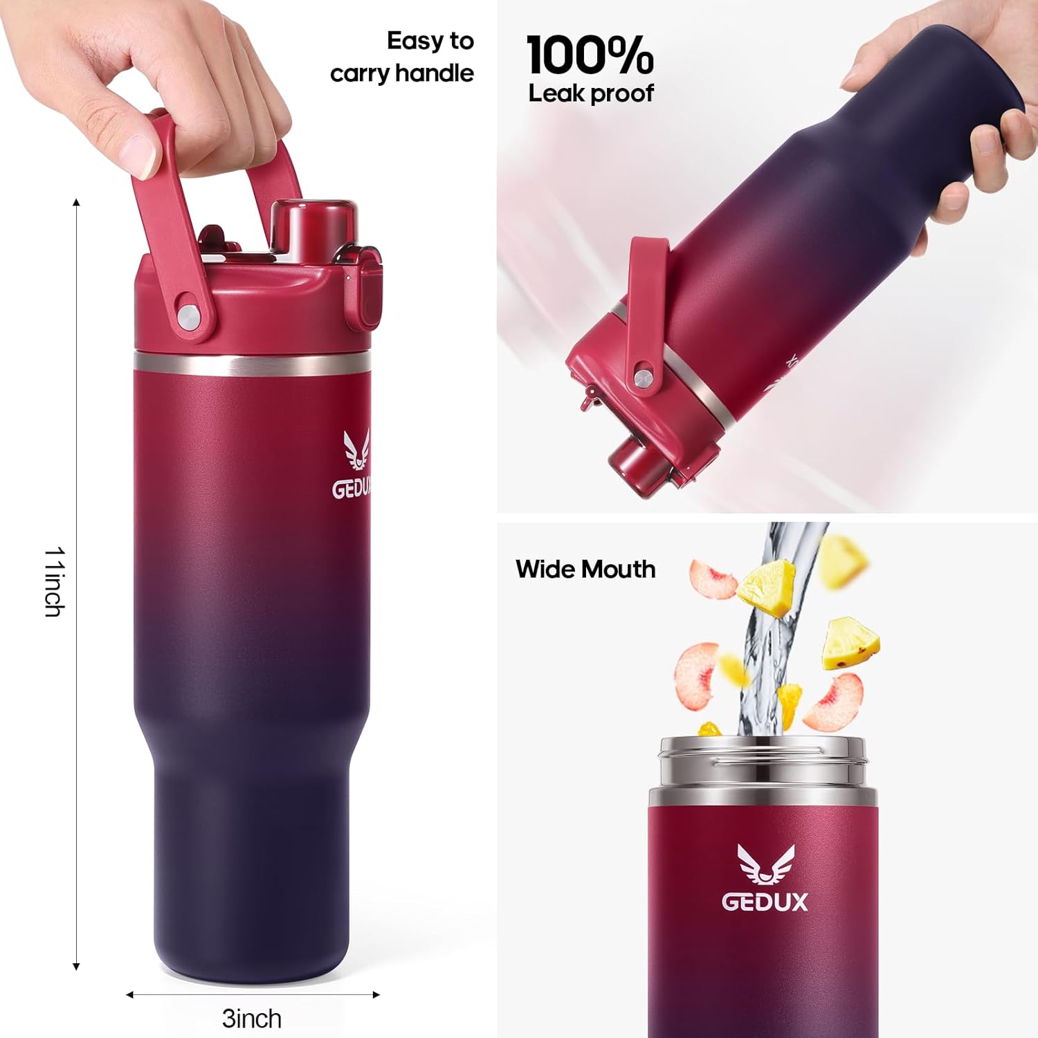 32 oz Stainless Steel Tumbler with Handle and Straw, Vacuum Insulated Water Bottle with 2-in-1 Lid (Chug/Straw) and Silicone Boot