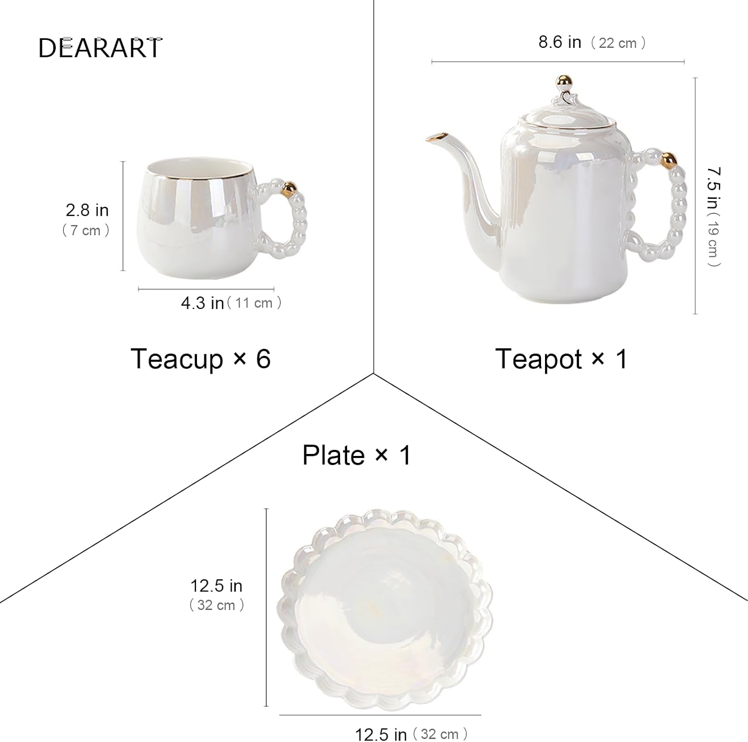 DEARART Luxury Pearl Ceramic Tea Set, 1 Teapot & 6 Cups with Serving Tray, Gold Rim Beaded Handle Porcelain Coffee Tea Service Set, Elegant White Tea Cup Set for Home Kitchen, Afternoon Tea etc