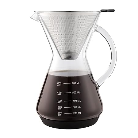 InstaCuppa Pour Over Drip Coffee Maker with Borosilicate Glass Carafe, Includes Stainless Steel Filter Dr
