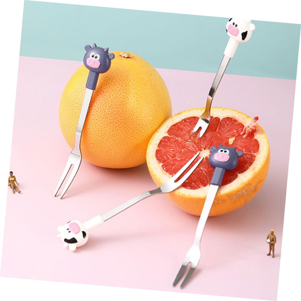 SOLUSTRE Cartoon Cow Fruit Forks Set with Holder 304 Stainless Steel Dessert Forks for Boys and Girls Creative Kitchen Gadgets for Fruits and Appetizers image 4