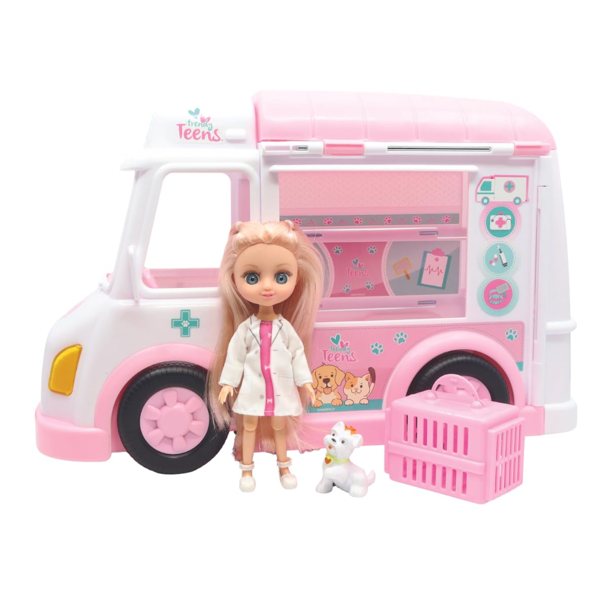 ODS - Trendy Teens, Camioncino Soccorso Animali con Funzioni con Bambolina dimensioni 16 cm e Accessori, Giocattolo per Bambini, Età Consigliata +3