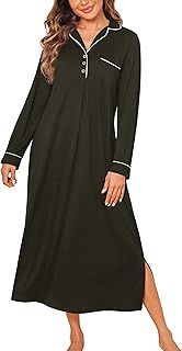 Ekouaer Nightgowns for Women Long Sleeves Nightgown Soft Sleepwear Button V Neck Sleepshirt Long Nightgown S-XXL