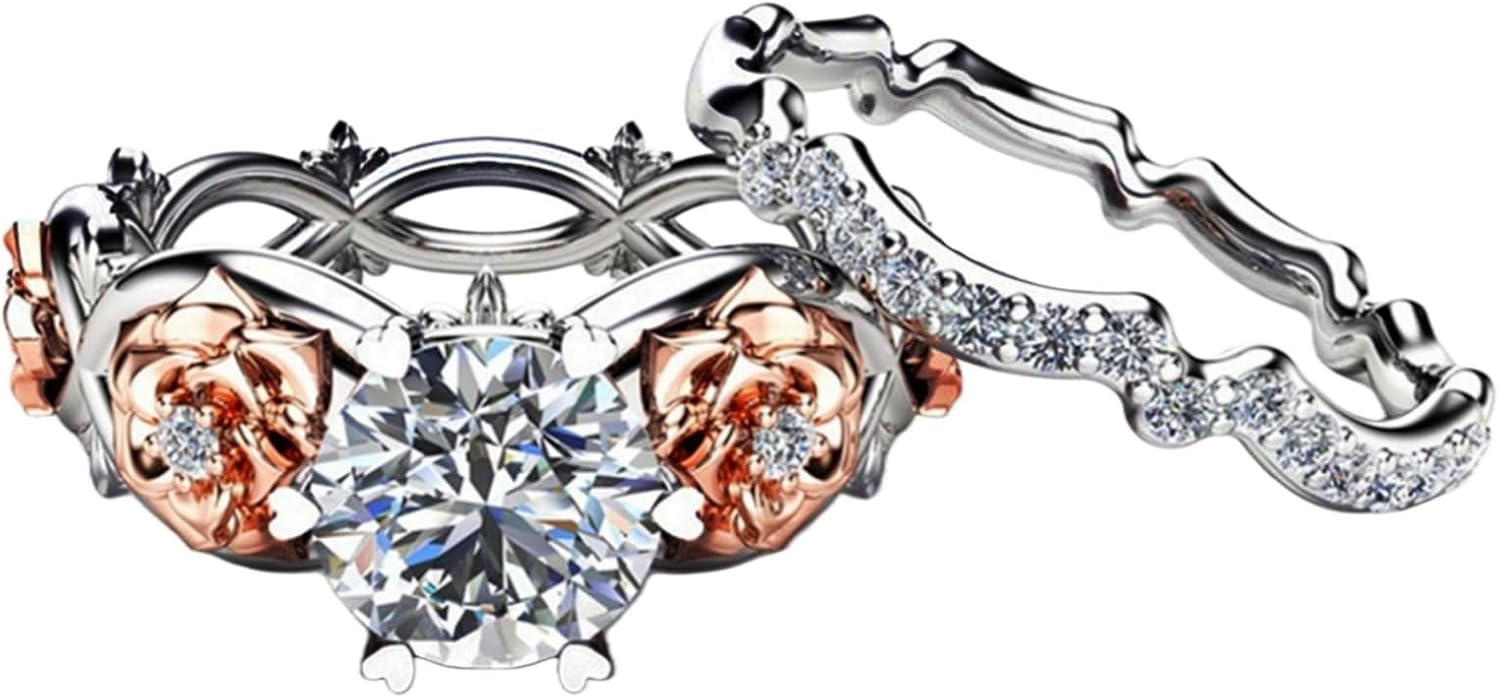 Silver Plated Two-in-One Halo Wedding Engagement Proposal Eternity Square Ring Set Round Cut Created White Topaz CZ Cubic Zirconia Pave Filled Women's Band for Bridal Mom Lover