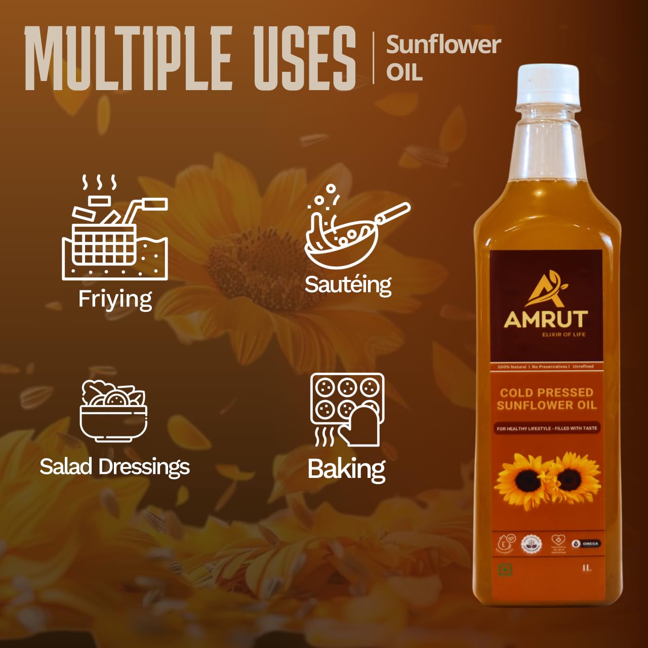 AMRUT – ELIXIR OF LIFE Cold Pressed Sunflower Oil – 1 Litre | Kacchi Ghani | 100% Pure & Natural | Chemical-Free | Cold Pressed Cooking Oil | Healthy & Light | Plastic Bottle 2
