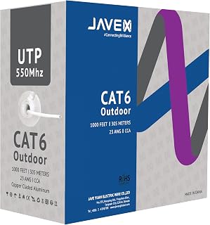 JAVEX Cat6 UTP para exteriores, 550 MHz, 23 AWG, cable Ethernet CCA a granel, caja de fácil extracción, 305 m, color blanco