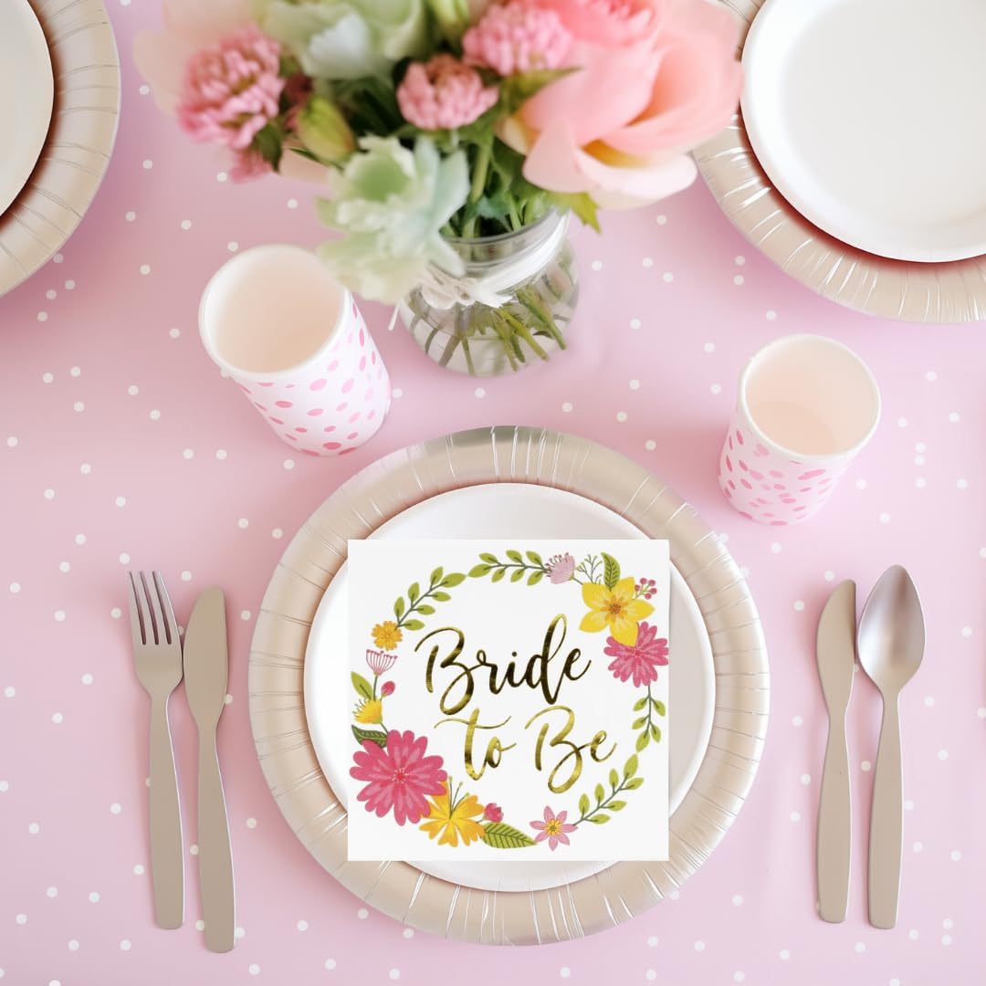 Andaz Press Gold Foil Cocktail Napkins - Floral Wreath, Bride to Be, 5-inch, 50-Pack, Disposable Funny Beverage Napkins for Wedding, Bridal Shower, Engagement Party