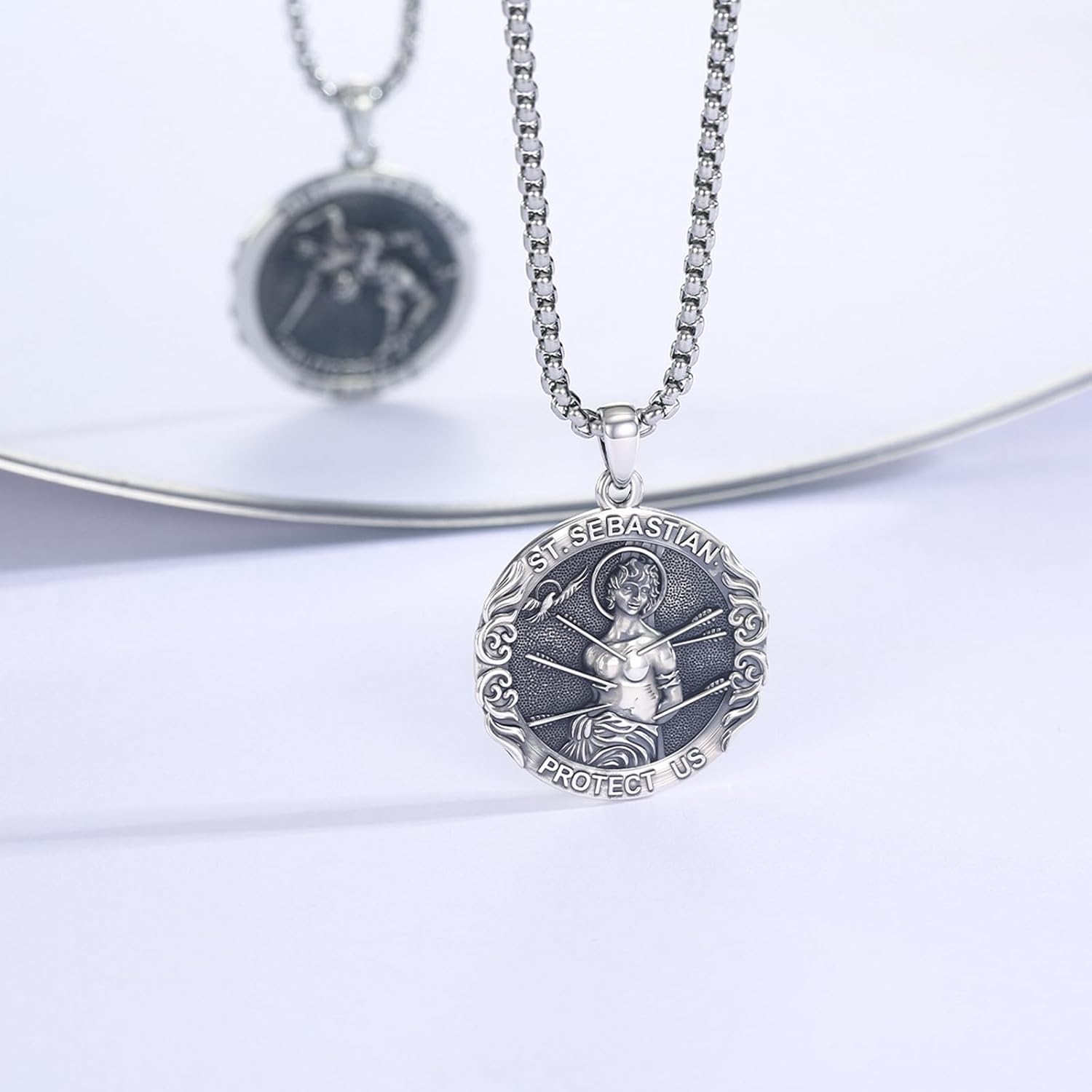 Patron Saint Necklace 925 Sterling Silver Amulet Medal Protection Pendant Religion Jewelry for Men Women With Stainless Steel Chain and Gifts Box