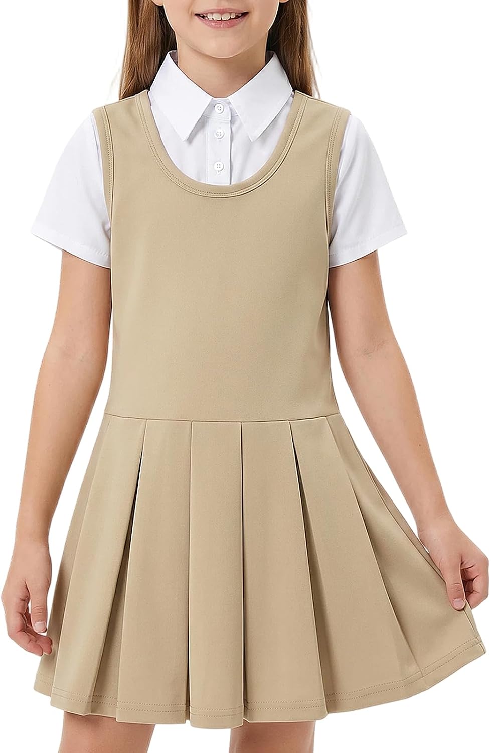 Noomelfish Girls 2 in 1 School Uniform Dress Short Sleeve Pleated Jumper Button Down Shirts Dresses (5-12 Years)