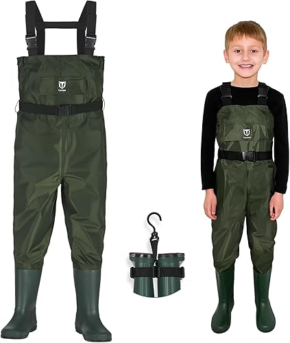 TIDEWE Chest Waders for Kids, Waterproof Youth Waders with Boot Hanger, Lightweight PVC Kids Chest Waders with Boot for Fishing & Hunting (Size 2/3T)