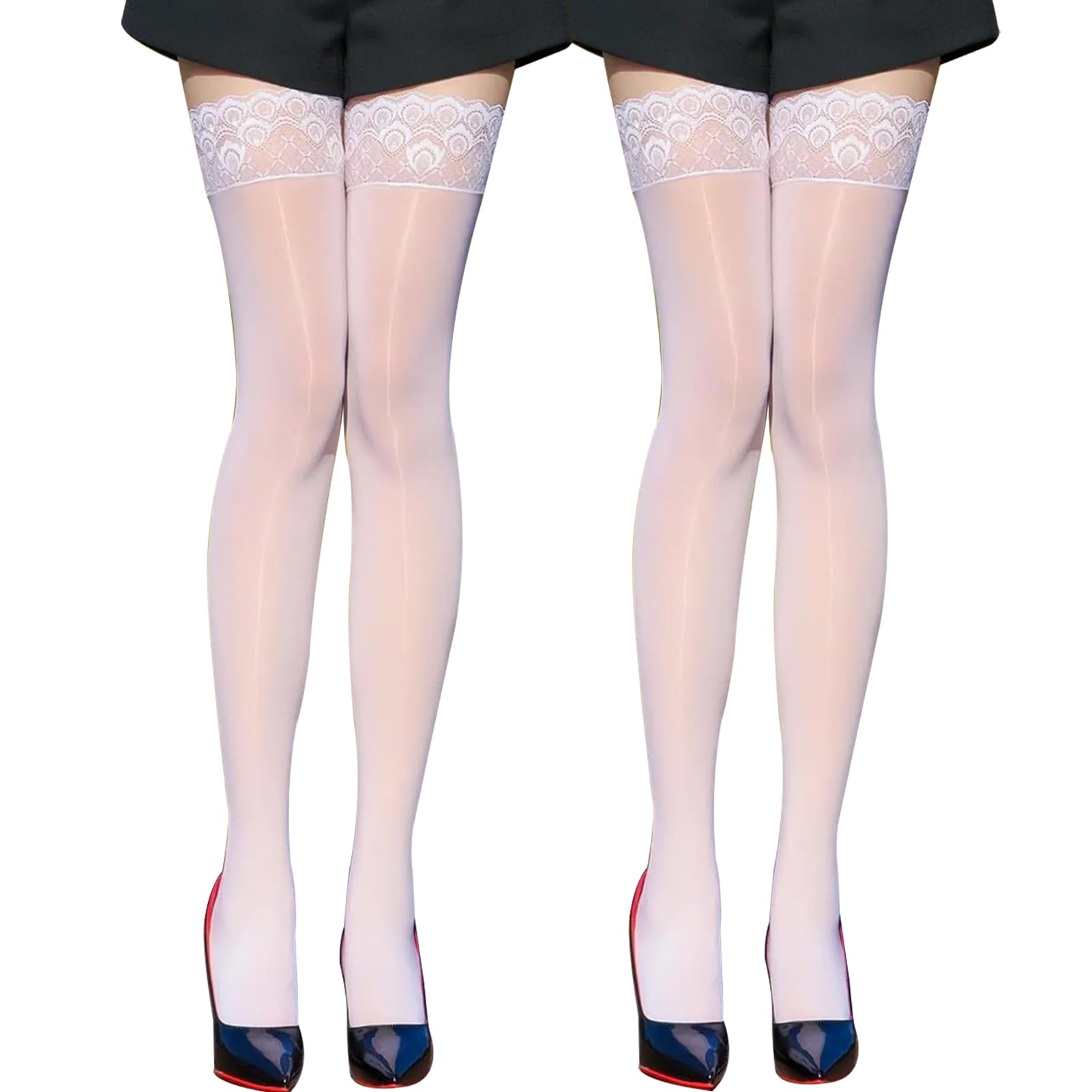 MACITEET (Horse Oil Treated & 2 Pairs) 3D Glossy Stockings, Knee High Stockings, Sexy Over The Knee, Women's, Does Not Run Out, Conceal Scratches, Anti-slip, Antibacterial, Deodorizing, Fit, Black - White (Pack of 2)