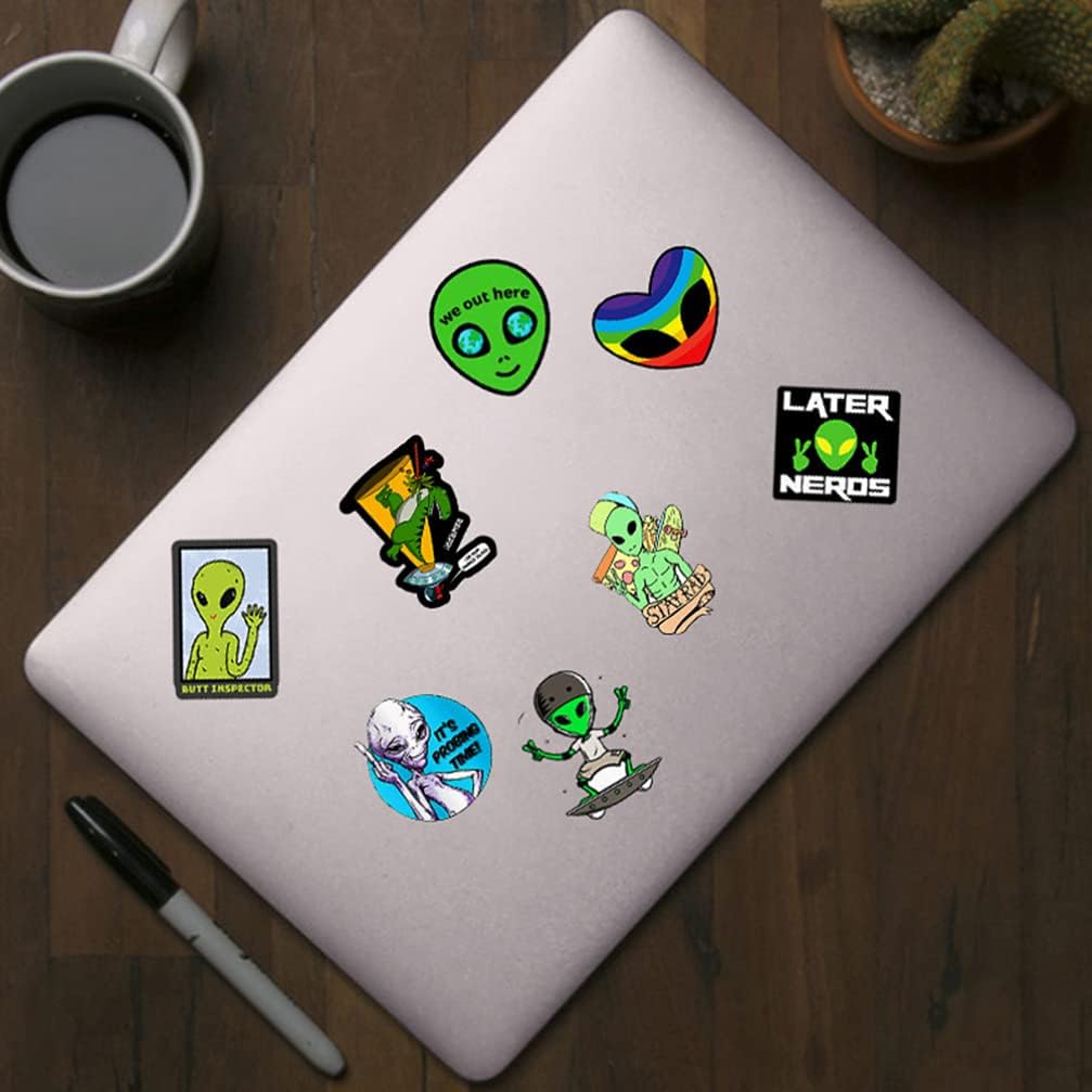 STOBOK 150pcs Alien UFO Stickers Cartoon Luggage Stickers Skateboard Stickers Self- adhesive Scrapbooking Stickers Waterproof Vinyl Graffiti Decal for Laptop Guitar Travel Case