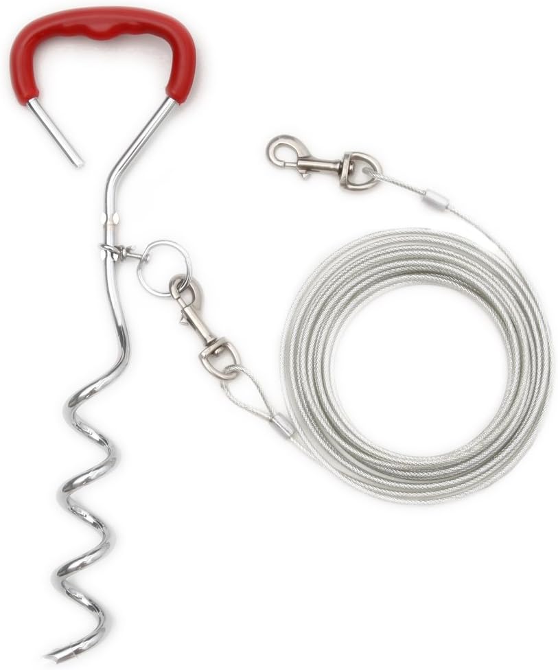 EXPAWLORER Dog Tie Out Cable and Stake, 20 ft Dog Outside Leash Cable for Ground, Yard and Camping, Heavy Duty Reflective Dog Chain and…