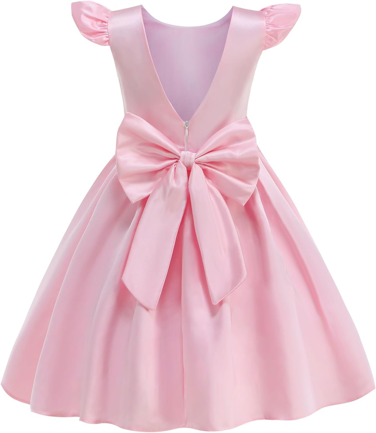 Flower Girl Dress Satin V-Back Flutter Sleeve Pageant Communion Bowknot for Wedding Birthday Guest Party Gown