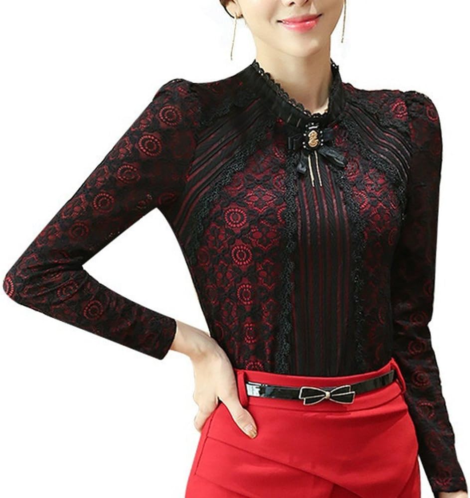 SansoiSan Women's Vintage Beaded Buttons Pleated Shirt Long Sleeve Lace Stretchy Blouse - Image 2