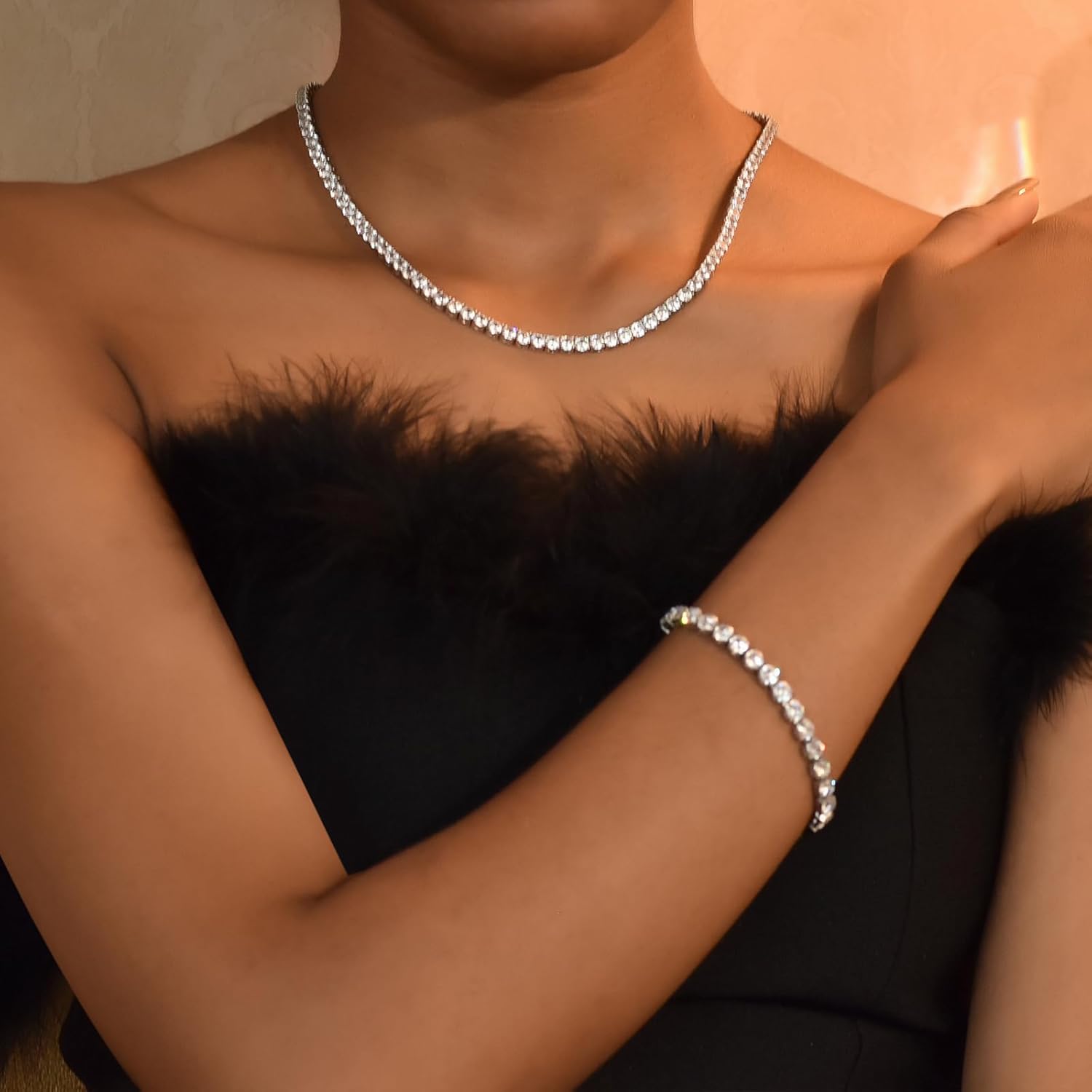 SDA Iced Out Diamond Tennis Chain Necklace Stainless Steel Water Proof Never Fade Necklaces for Women and Men 3.0mm/4.0mm/5.0mm Round 5A Cubic Zirconia