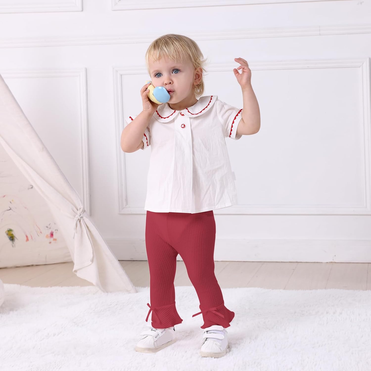 DREAM BUS 5 Pack Baby Pants Toddler Girl Ribbed Ruffle Bell Bottoms Toddler Leggings Baby Boy Pants Newborn Girl Flare Pants