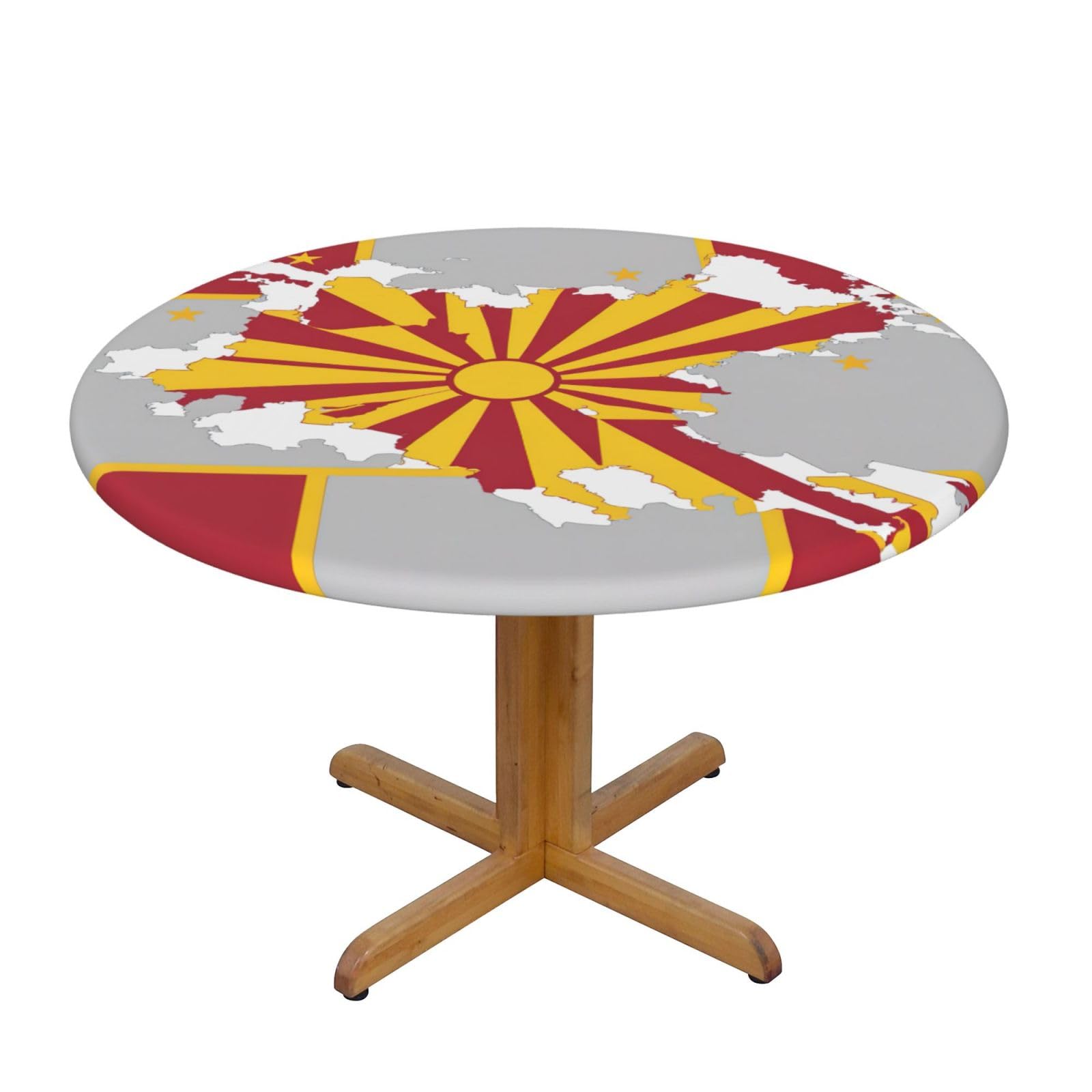 DUWAA Northern Macedonia Flag Map02 Print Oxford Fitted Table Cover For Patio Picnic, Waterproof Round Tablecloth For Home And Outdoor