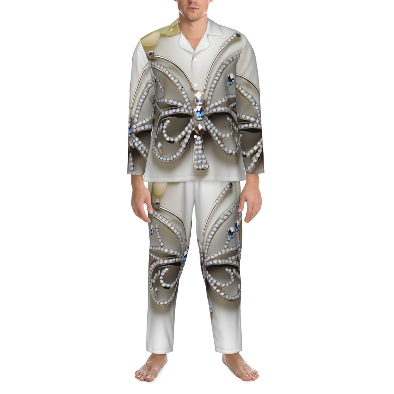 Conjunto de pijama de manga larga para hombre, diseño de mariposa y flores con diamantes de imitación, transpirable, cómodo