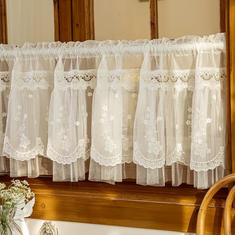 Scheibengardine Voile Kurz 100x45cm - Bistrogardine Mit Blumenstickerei