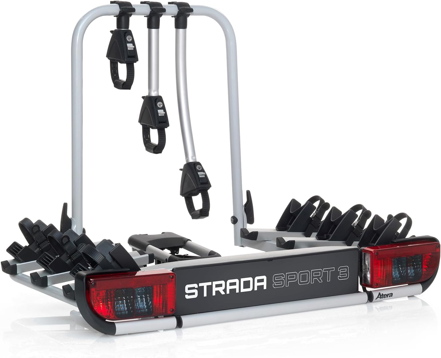 Atera 022695 Strada Sport 3 car bike rack, car tow-bar rack with lights – for 3 bikes, e-bikes – Black Edition