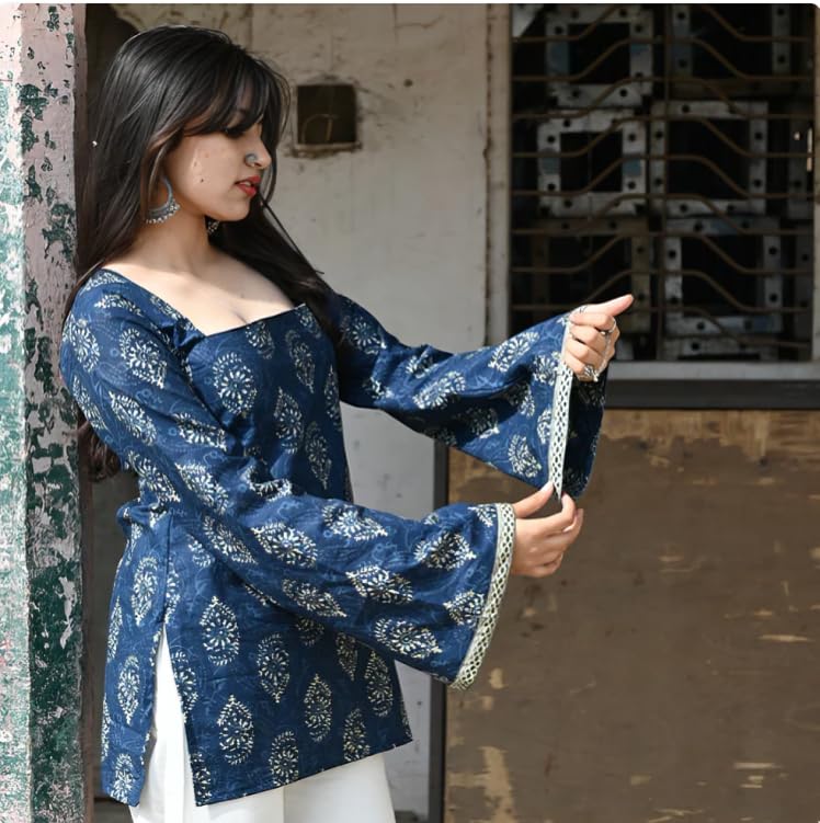 Image of Women Pure Cotton Floral Printed Short Kurti | Square Neck | Full Sleeves | Stylish Ethnic Kurta | Back Tie-Up | Casual Wear Kurta