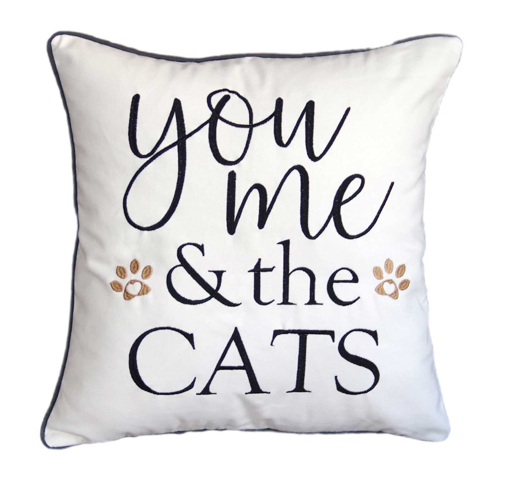 Embroidered Throw Pillow Cover,Square 18 inches Decorative Canvas Pillow Cover with You Me and The Cats,Cover Only
