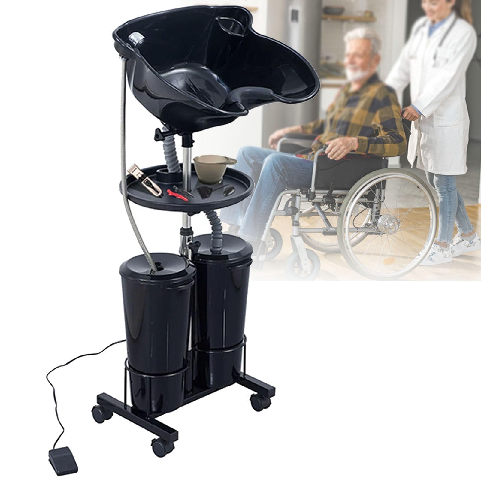 Lavabo móvil portátil para salón, lavacabezas profundo con bomba eléctrica, altura ajustable, bandejas para lavar el cabello con 2 cubos y mangueras de drenaje para niños, ancianos, maternidad,B