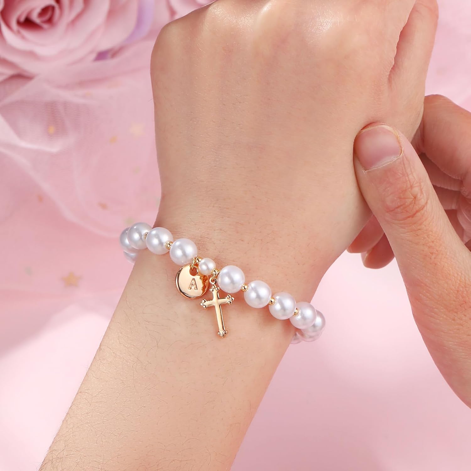 Initial First Holy Communion Confirmation Baptism Bracelets Gifts for Women Girls, Catholic First 1st Communion 14K Gold Pearl Cross Charm Bracelet Personalized A-Z for Goddaughter Niece - Image 5