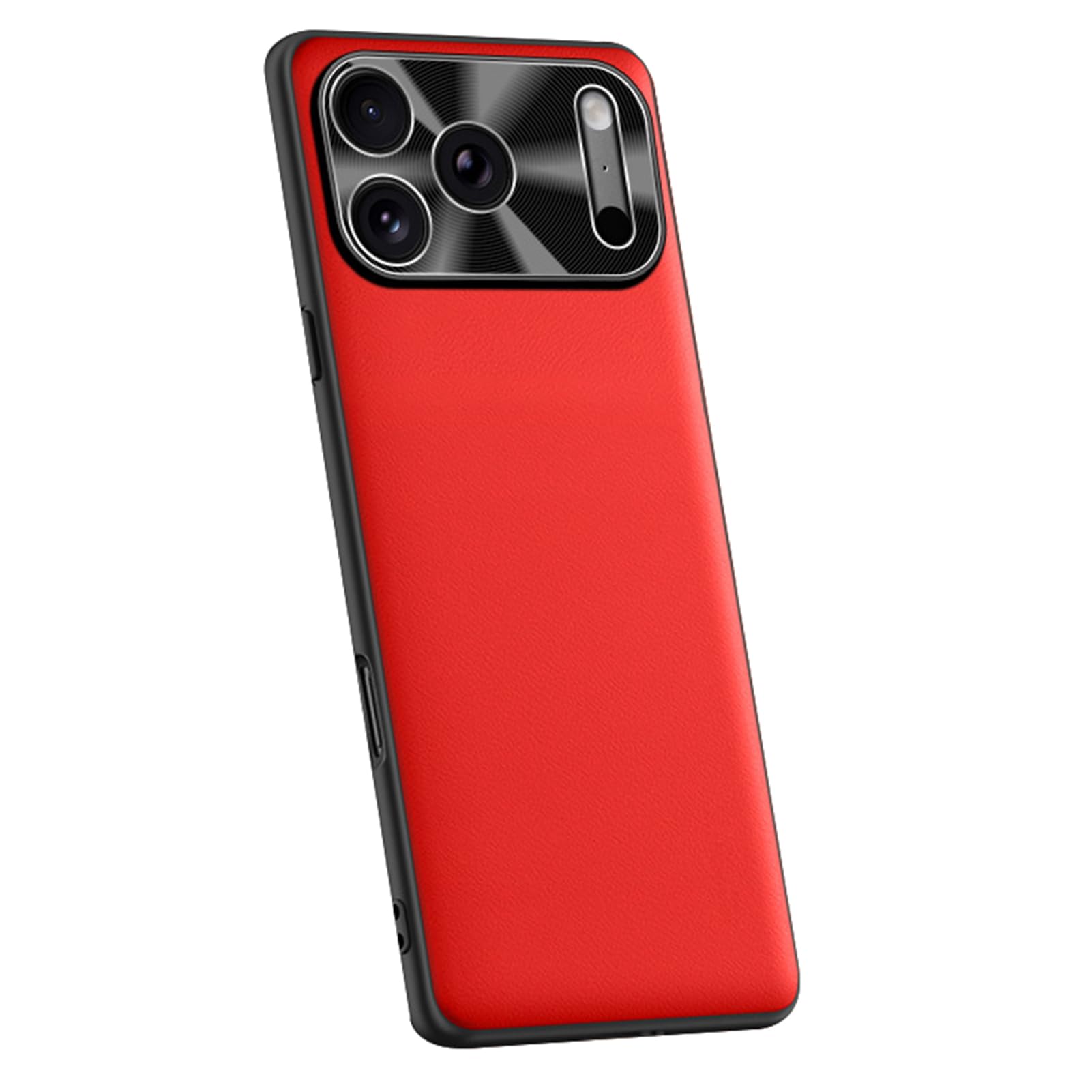 Protection caméra métal pour coque iPhone 17 Pro en cuir végétal liquide rouge