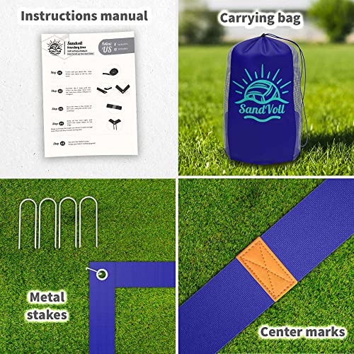 Sandvoll Beach Volleyball Lines For Sand - Portable 2 Inch Boundary Lines Grass, Set For Outdoor + Metal Stakes And Net Bag. Official Court Size Dimensions (26.3' X 52.6') - Blue #TOP1