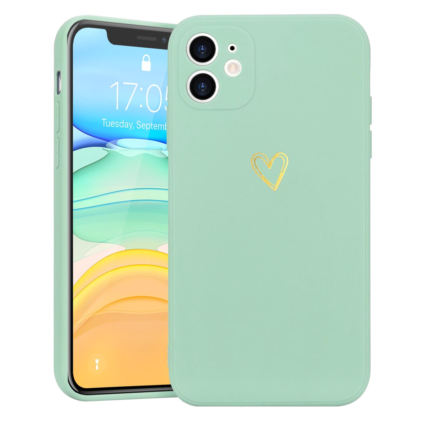 Wirvyuerfor iPhone 11 Phone Case with Cute Heart Pattern Soft Shockproof Protective Silicone Case for Women Girls, Mint Green