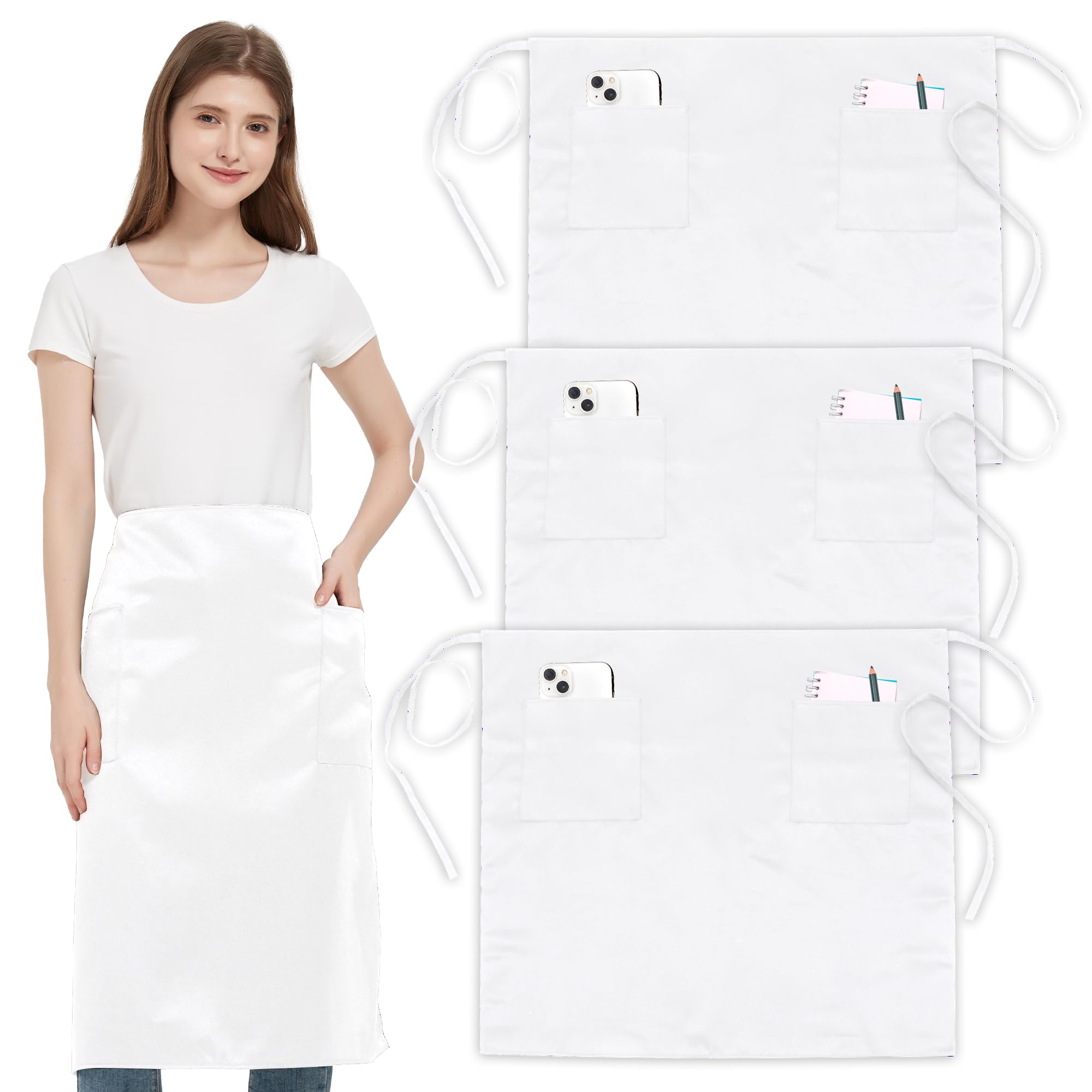 3 Pack Waist Apron with 3 Pockets, White Waitress Waiter Aprons for Women Man, Water Resistant Server Aprons Long Straps Bistro Apron for Chef Restaurant Work Bar (3, White - 27.95''X 31.5'')