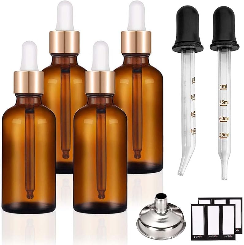 PrettyCare Conjunto com 4 frascos conta-gotas de vidro âmbar de 30 mL com tampas douradas, etiquetas, funil e 2 conta-gotas extras