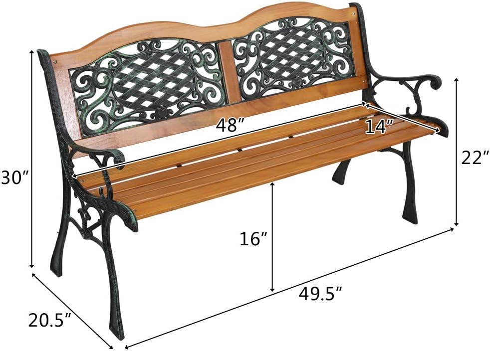 Long & Bright 49" Garden Bench Outdoor Patio Park Chair Furniture Hardwood Slats Cast Iron Frame