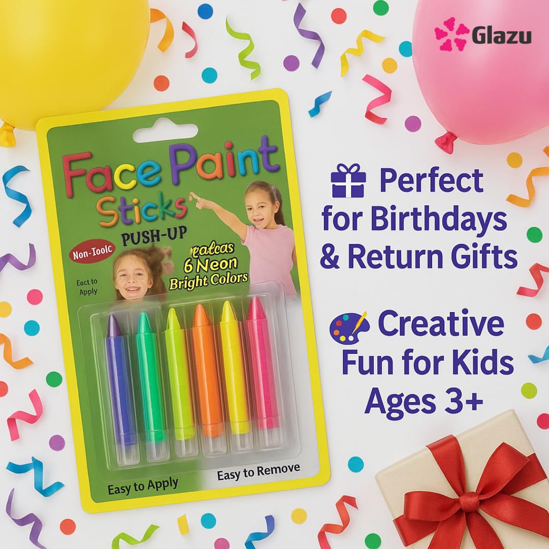 GLAZU Face Paint Sticks for Kids – 6 Neon Bright Colors, Non-Toxic Push-Up Body Paint Crayons, Easy to Apply & Wash, Face Painting Kit for Parties, Festivals, Halloween, Cosplay, Makeup Fun 4