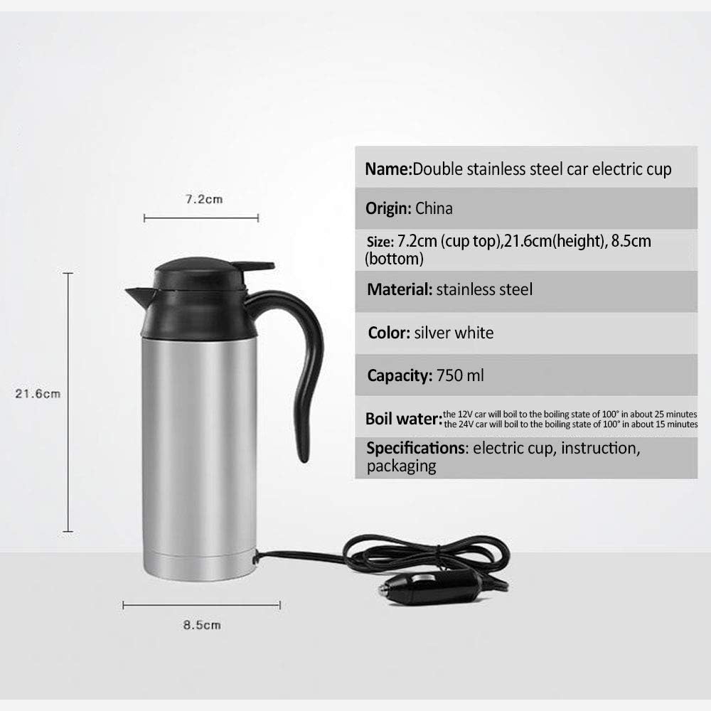 YUEWO 750ML car Kettle 12V/24V Stainless Steel car Electric Kettle Heating Insulation car Mug Travel Pot (24V)