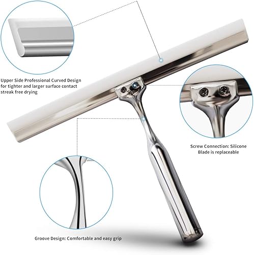 Miniatura 4 de Escobilla de ducha de acero inoxidable con gancho autoadhesivo, escobilla de ventana para puertas de ducha, limpiadores de espejo de baño, limpieza