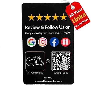 Review Tap Card for Google with Social Media Sign Multi-Link NFC & QR Code to Review & Follow on Instagram, Facebook & More Reusable, No App, No Fees, Works with All Smartphones Pocket Size 3.35 2.13 inches
