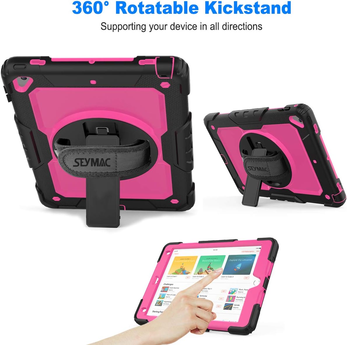 SEYMAC stock iPad 6th/5th Generation Case 9.7’’ with Screen Protector Pencil Holder [360 Rotating Hand Strap] &Stand, Drop-Proof Case for iPad 6th/5th/ Air 2/ Pro 9.7 (Rose+Black)