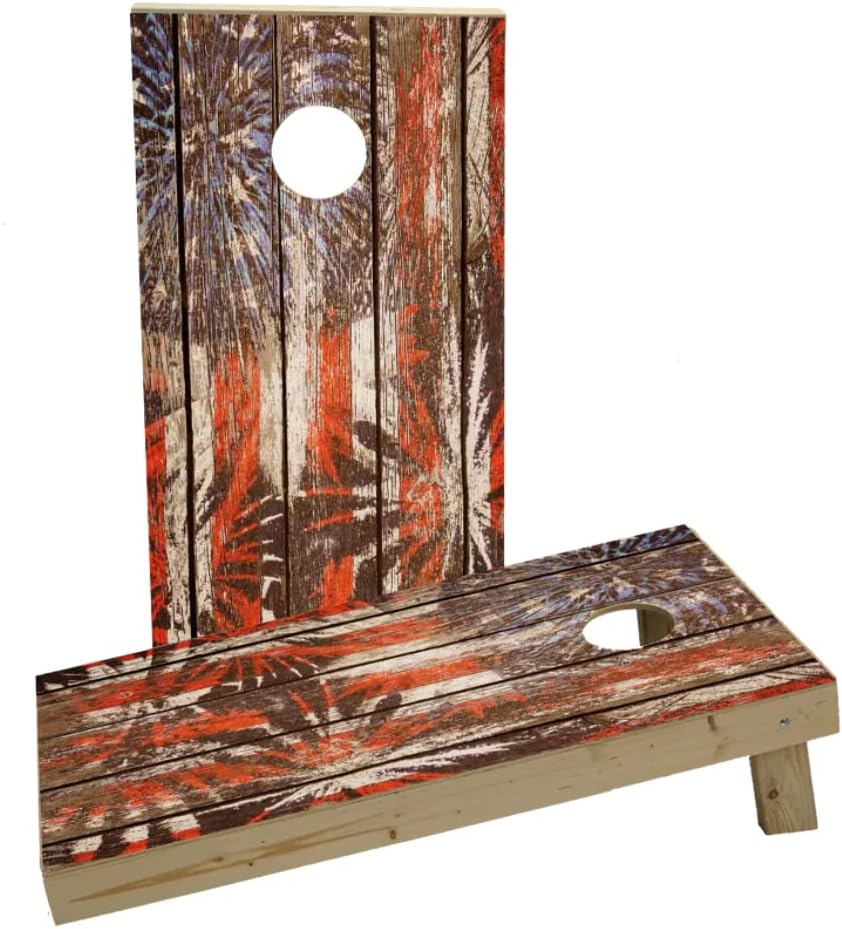 Distressed Wood Slat Patriotic Fireworks Custom Cornhole Board Game Set