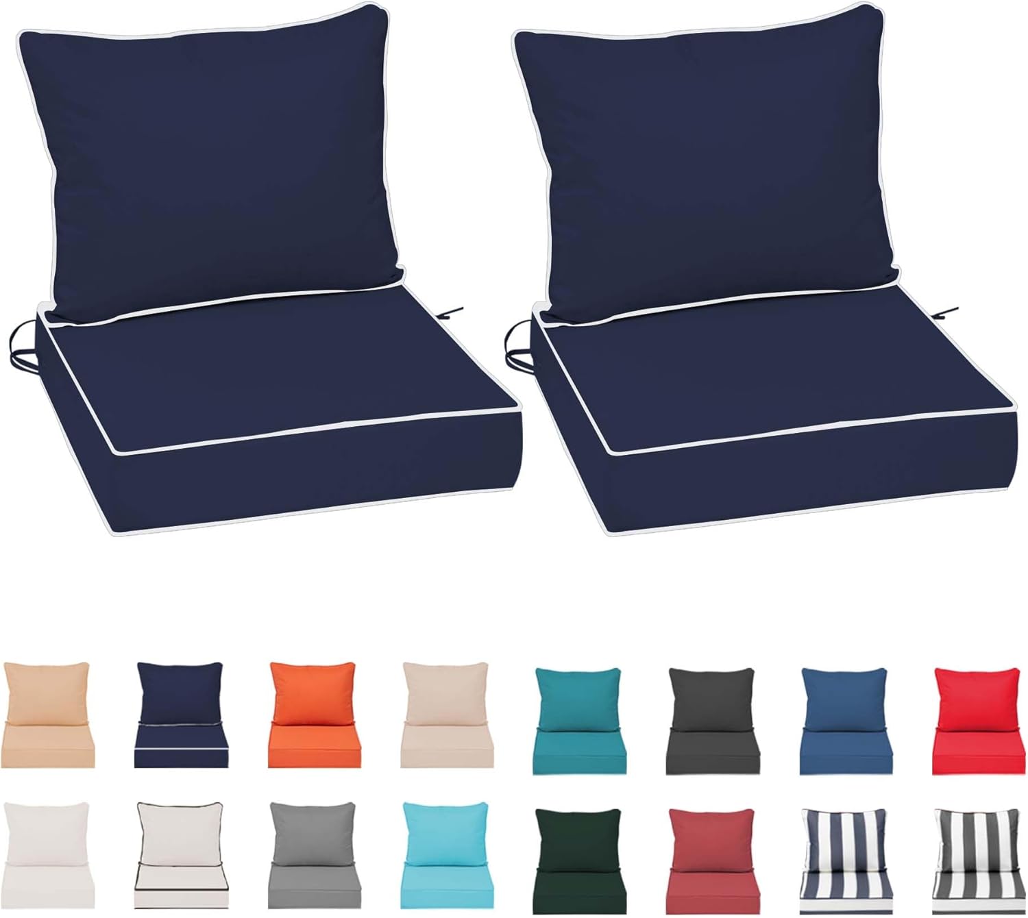 Waterproof Outdoor Patio Chair Cushions Set of 2, 24x24x5'' Deep Seat Cushions for Outdoor Furniture w/ Fade Resistant Removable Cover,Ties & Handle for Outside Chair Sofa Couch,Navy Blue+White Pipes