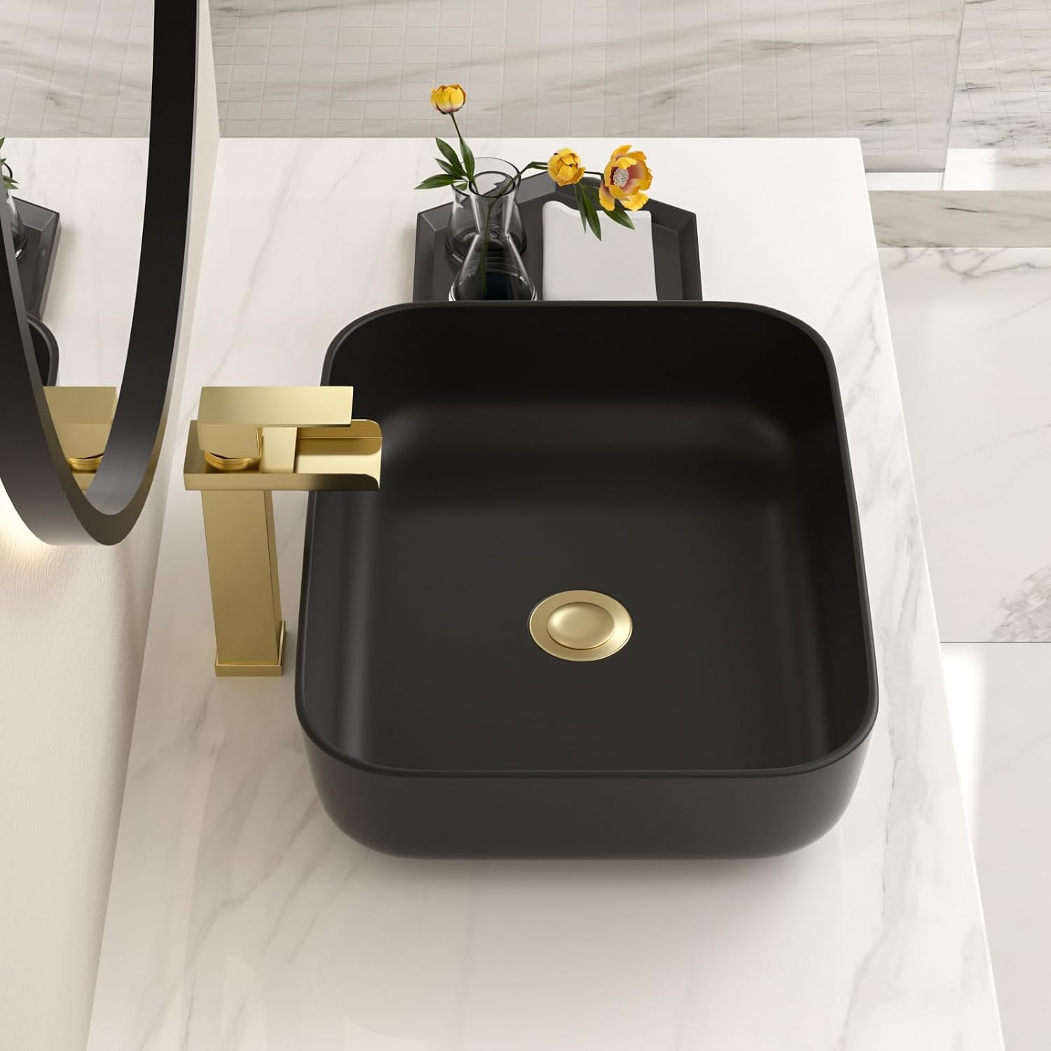 20''x16'' White Vessel Sink with Black Rim 20 Inch Modern Rectangular Above Counter Bathroom Vanity Sink Porcelain Ceramic with High Gloss Finish