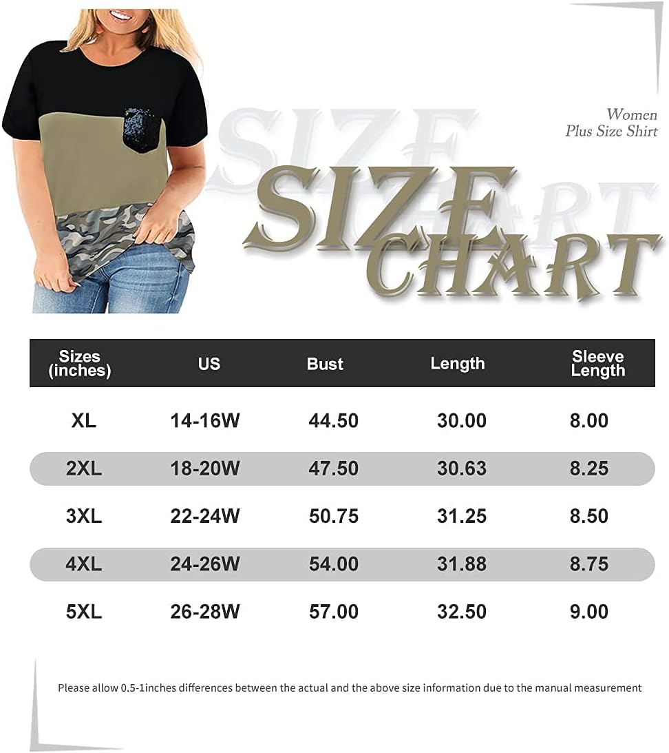 RITERA Plus Size Short Sleeve Tops Colorblock T Shirts Blouses Camouflage Tshirt Sequin Pocket Tee Summer Tunic Blouses Army Green Camouflage 5XL