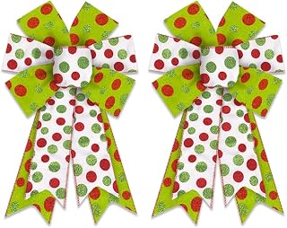 2 Pack Christmas Wreath Bows, Christmas Glitter Green Red Dot Burlap Linen Bow for Wreath, Medium Tree Topper Ribbon Bow for New Year Home Indoor Outdoor Xmas Party Decoration Wreath Ornament Supplies