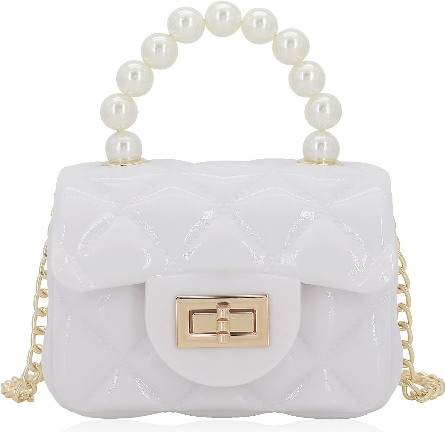 Mini Jelly Purse Flap Handbag with Pearls Top Handle Faux Quilted Crossbody Bag
