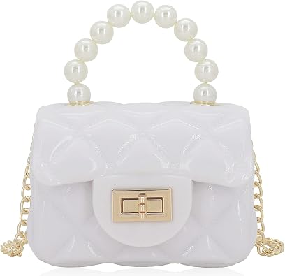Mini Jelly Purse Flap Handbag with Pearls Top Handle Faux Quilted Crossbody Bag