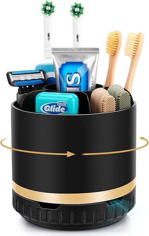 GFWARE Rotating Black Toothbrush Holder for Bathroom Organizer, Drainage | Detachable Matte Black 6 Slots Kids Electric Toothbrush and Toothpaste Holder, Bathroom Countertop Sink Storage Caddy