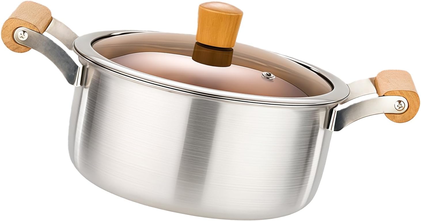 Multipurpose Aluminum Pot with Double Wood Handle Glass Cover Suitable for Induction Cooktops Even Heating Aluminum Soup Pots