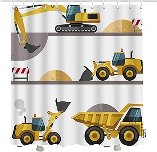 Boy Construction Vehicles Shower Curtain Yellow Excavator Tractor Machinery Trucks Bathroom Accessories Waterproof Fabric 72x72 Inch