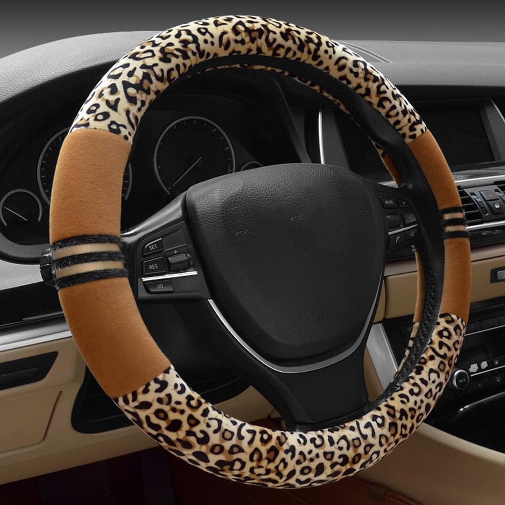 INEBIZ Luxury Leopard Print Fashionable Plush Car Steering Wheel Cover, Universal Fit, Keep Warm for Car SUV (Beige+Brown)